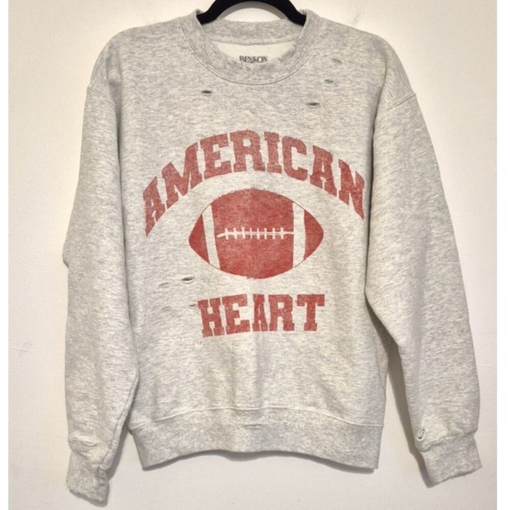 Benson Boone American Heart Crewneck Sweatshirt Small Distressed Gray Football